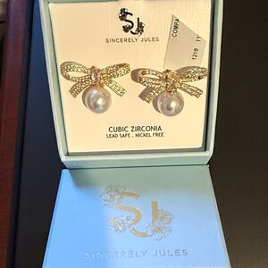 Sincerely Jules Gold Bow Earrings with Pearl Accent